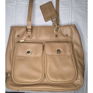 Simply Go Travel Tote Bag Tan Faux Leather Zip Top Dual Front Pockets